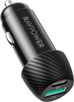 شاحن سيارة راف باور RP-VC030 – 49 واط، منفذين (USB-A و USB-C)، أسود – ضمان 18 شهر