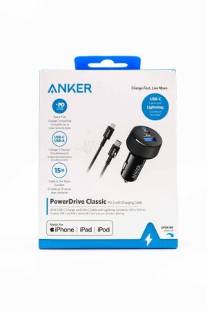 شاحن سيارة Anker PowerDrive PD 2 – 30 واط – بمنفذين (USB‑C + USB‑A) مع LED